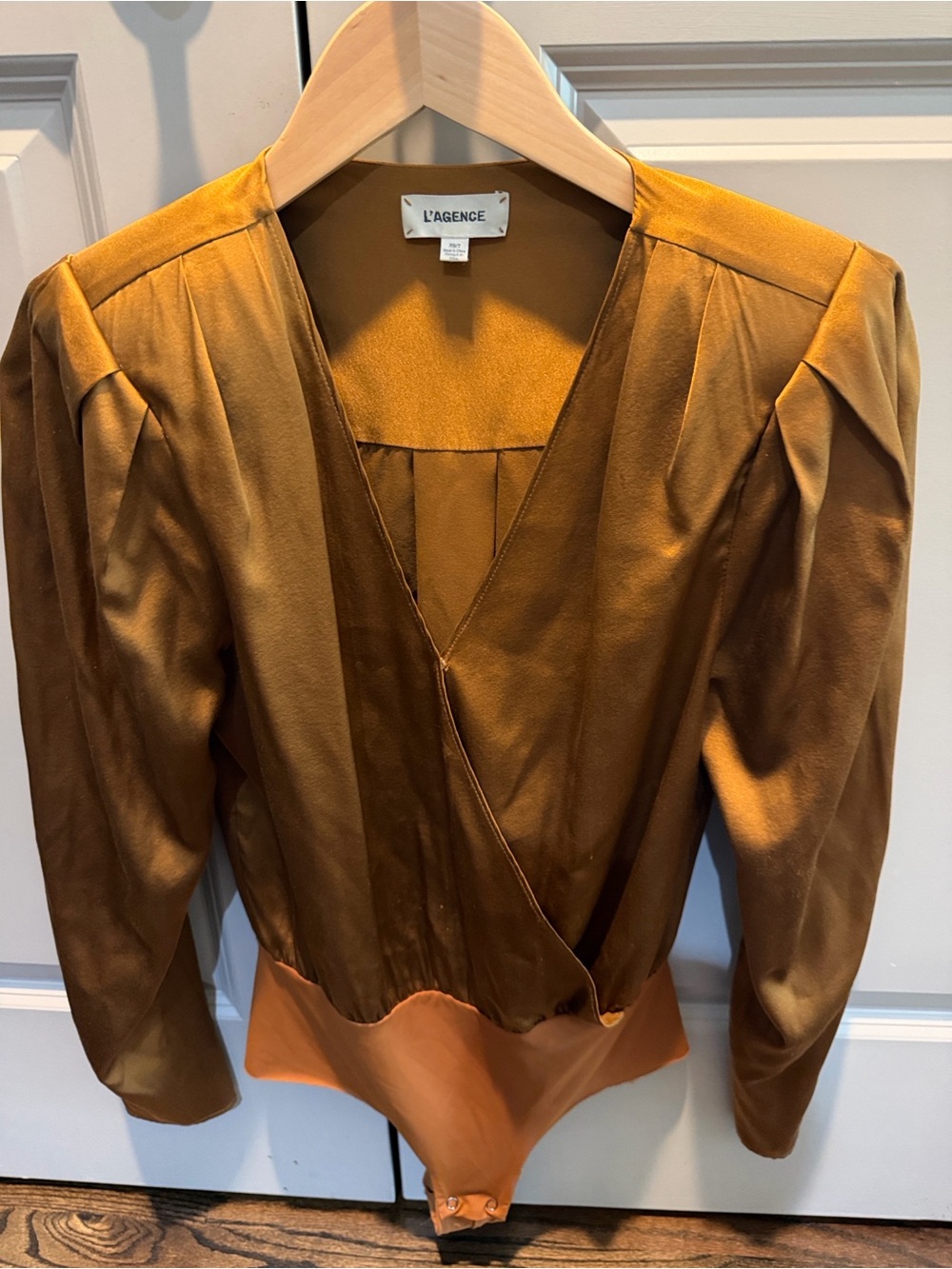 L'AGENCE Golden Rust Satin Wrap-Front Bodysuit